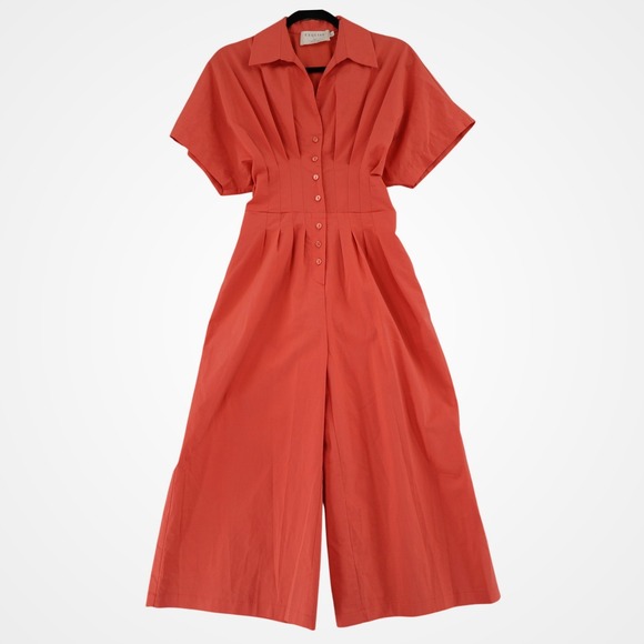 Exquise Pants - Exquise Jumpsuit Women XSP Pink Wide Leg Button Front Pleated Waist Short Sleeve